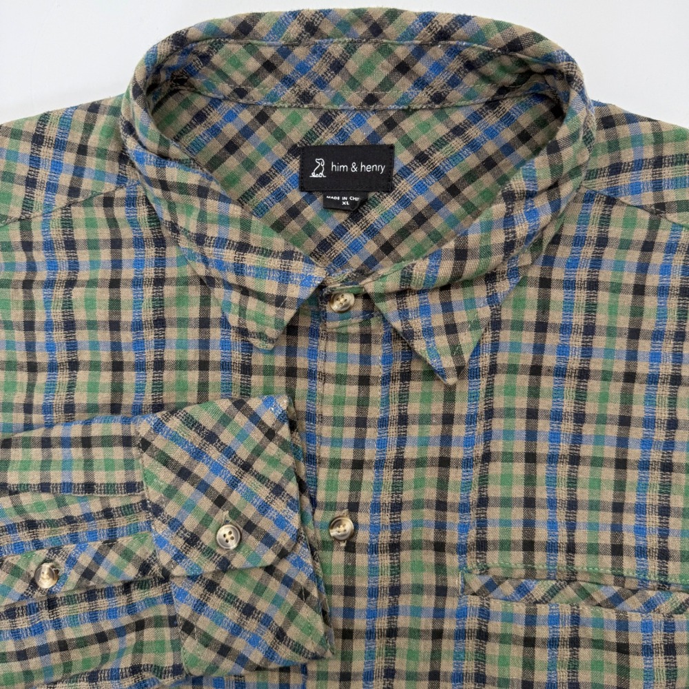Him & Henry Button Down Shirt Mens XL Green Plaid Cotton Long Sleeve Roll Sleeve